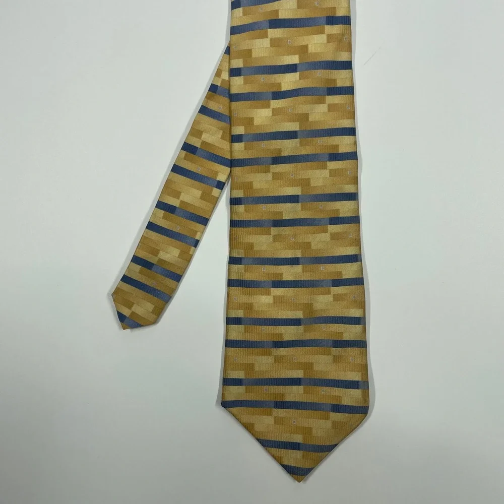 Croft & Barrow Gold Blue Geometric Block Stripe Silk Necktie Mens OSFA